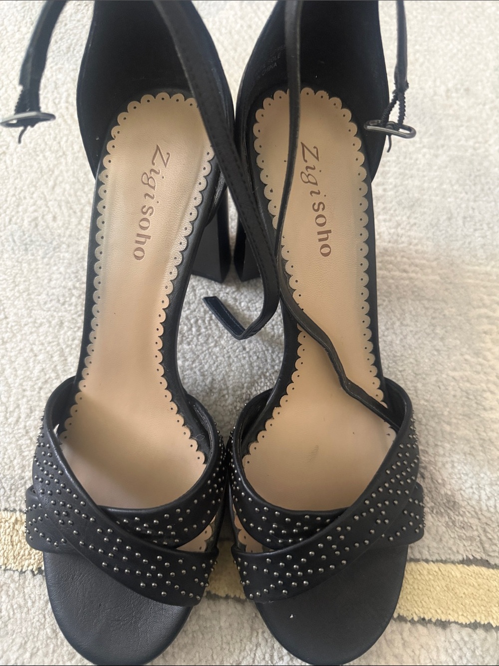 Black Studded Ankle-Strap Block Heels